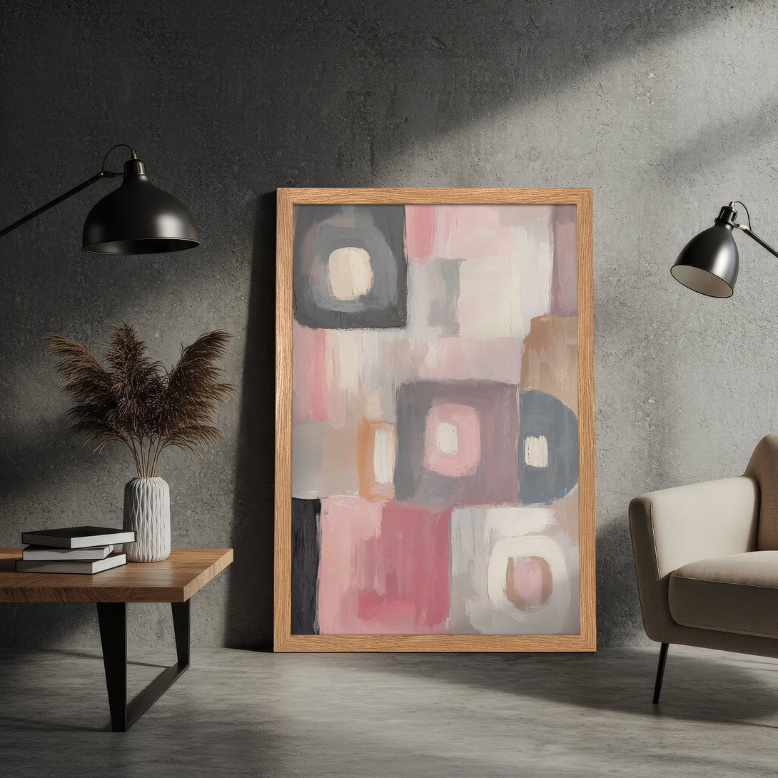 Framed Poster featuring abstract art in pink, gray, and neutral tones. Modern style for home decor.