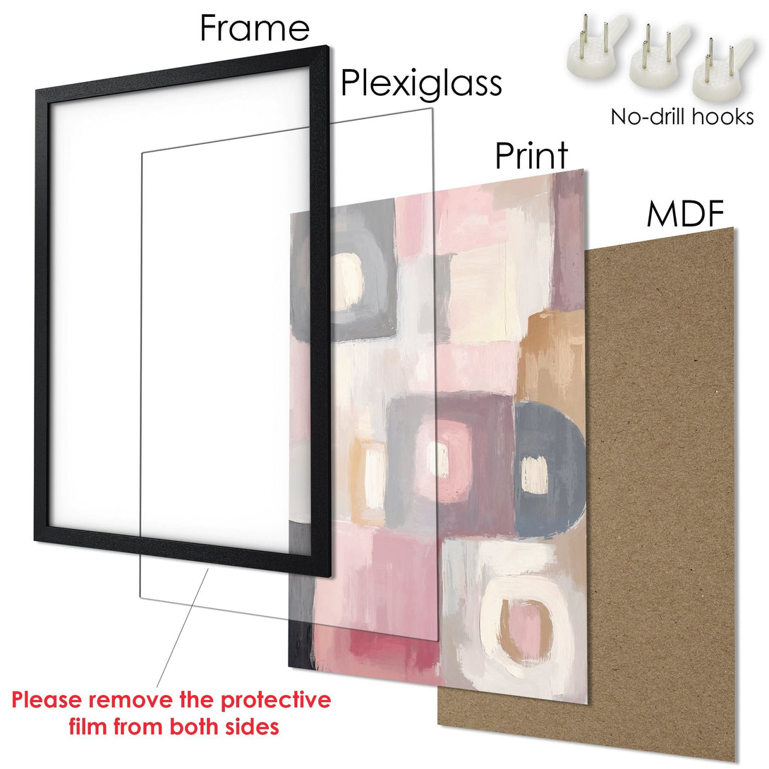 Framed Poster: Abstract art print with a soft color palette. Modern wall decor featuring pinks, grays, and beige. Ready to hang art.