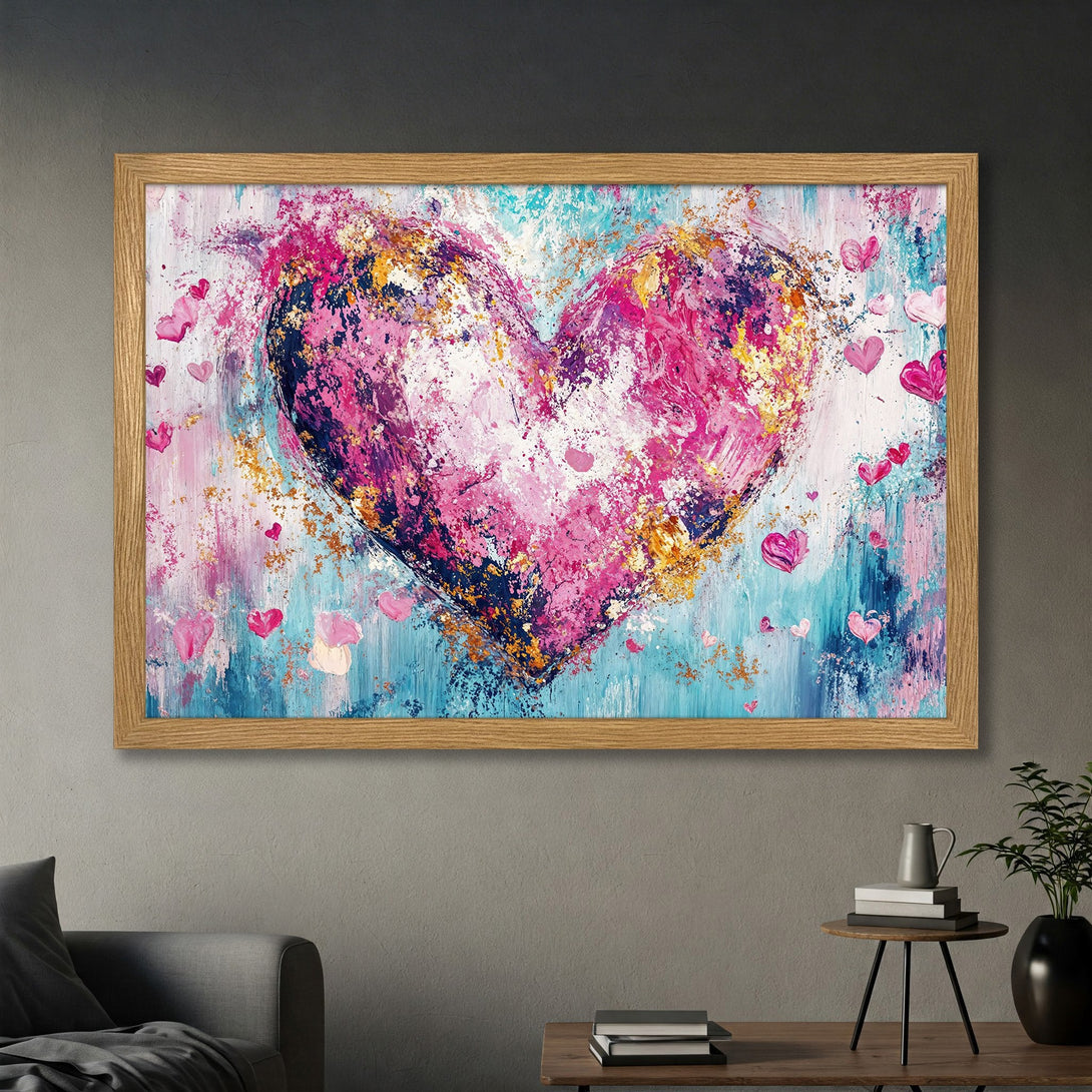 Framed Poster of a vibrant, abstract heart painting in pink, blue, and gold. Perfect art for your home!
