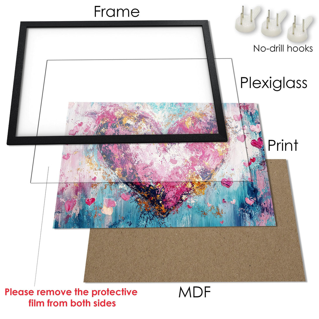 Framed Poster featuring a heart-shaped abstract art print in a pink and blue color palette. Perfect wall decor!