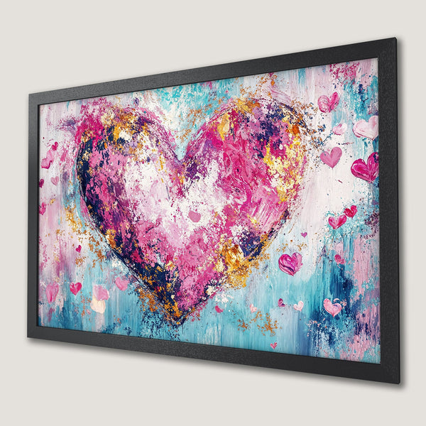 Framed Poster: Abstract heart art in pink, blue, and gold. Perfect for love-themed decor.