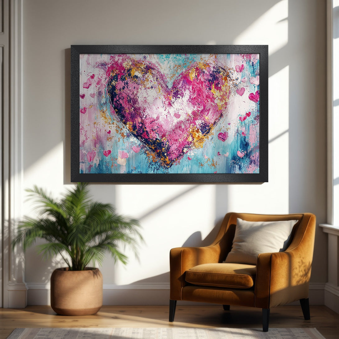 Framed Poster featuring a vibrant abstract heart painting in pink, blue, and gold. Perfect wall art for love and romance!