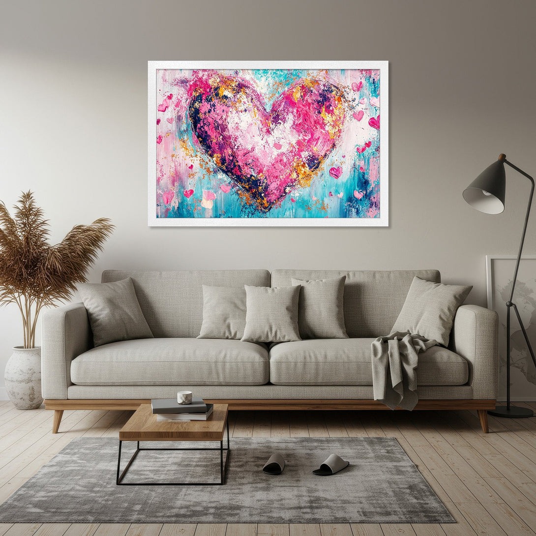Framed Poster featuring a vibrant, abstract heart painting in pink, blue, and gold. Modern art style, perfect for home decor.