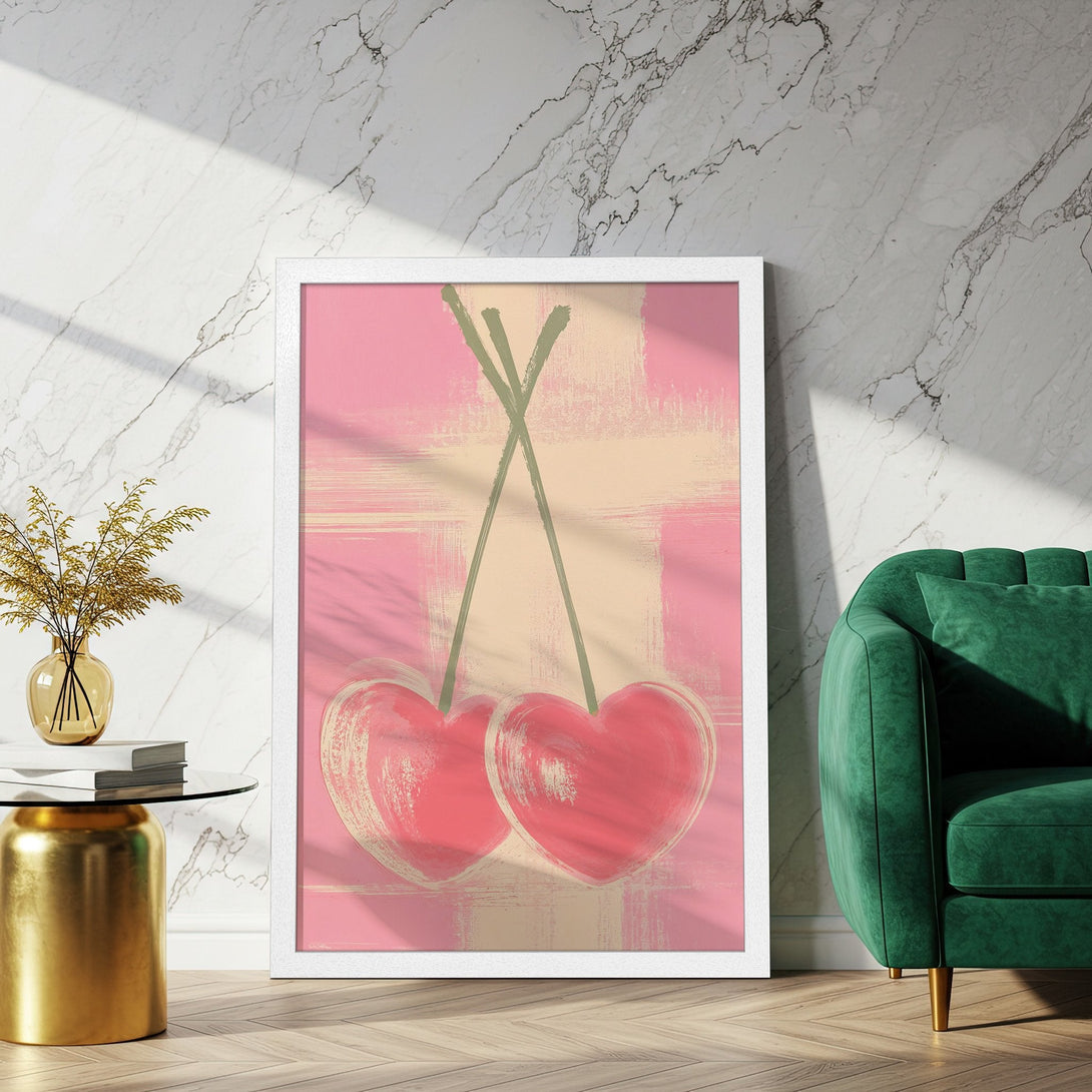 Framed Poster featuring heart-shaped cherries. Modern art style with a pink and beige color palette. Add a touch of love to your space!