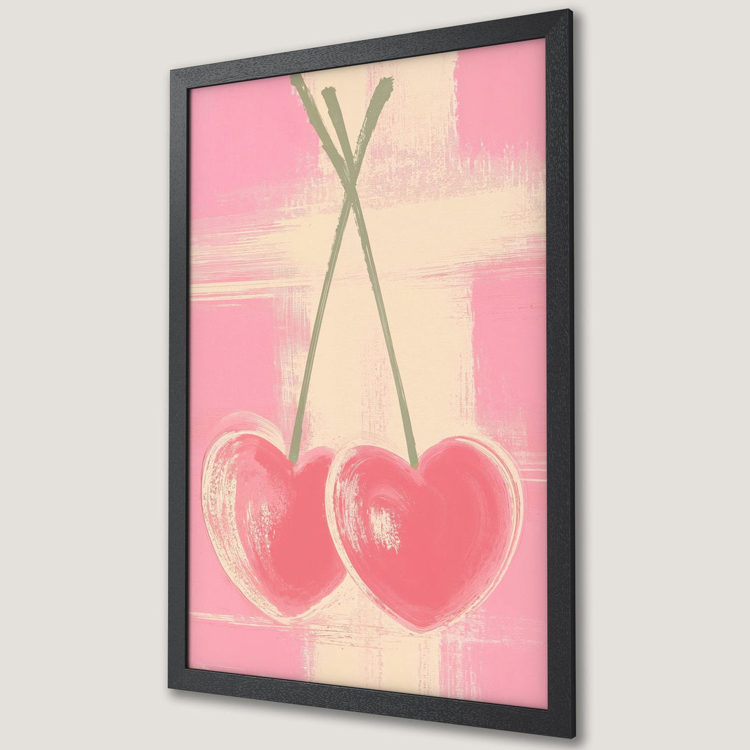 Framed Poster featuring abstract heart art in pink and cream hues. Modern style, perfect for adding a pop of color to any space.