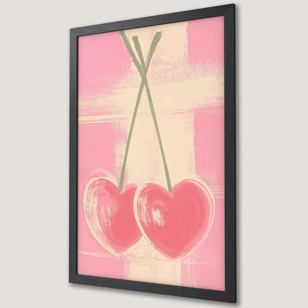 Framed Poster featuring abstract heart art in pink and cream hues. Modern style, perfect for adding a pop of color to any space.
