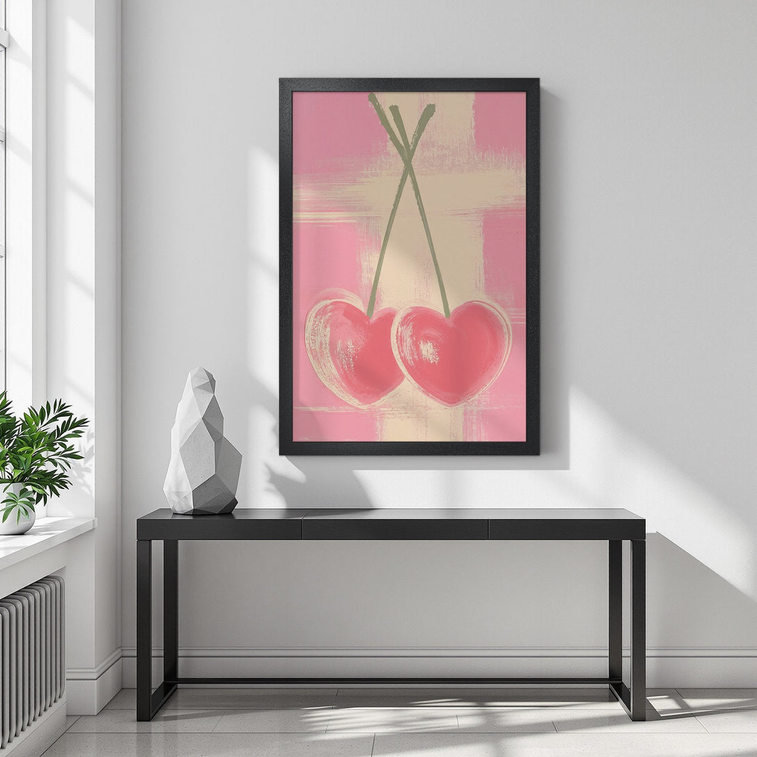 Framed Poster featuring heart-shaped cherries in a modern, abstract style. Pink and neutral color palette. Perfect wall art!