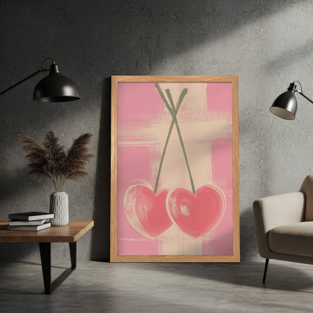 Framed Poster featuring abstract heart art in pink and beige tones. Modern wall decor for a stylish home.