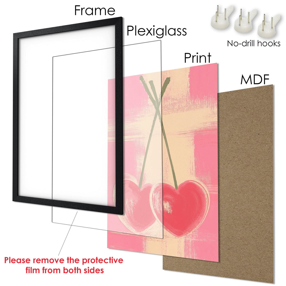 Framed Poster featuring heart-shaped cherries in a pink and beige color palette. Modern art for your home!
