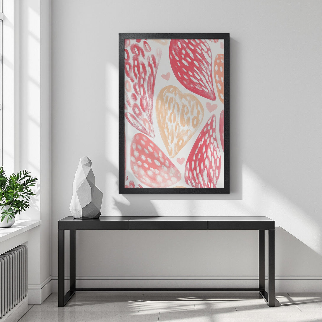 Framed Poster featuring abstract hearts in a watercolor style, with a warm red and peach color palette, perfect wall art.