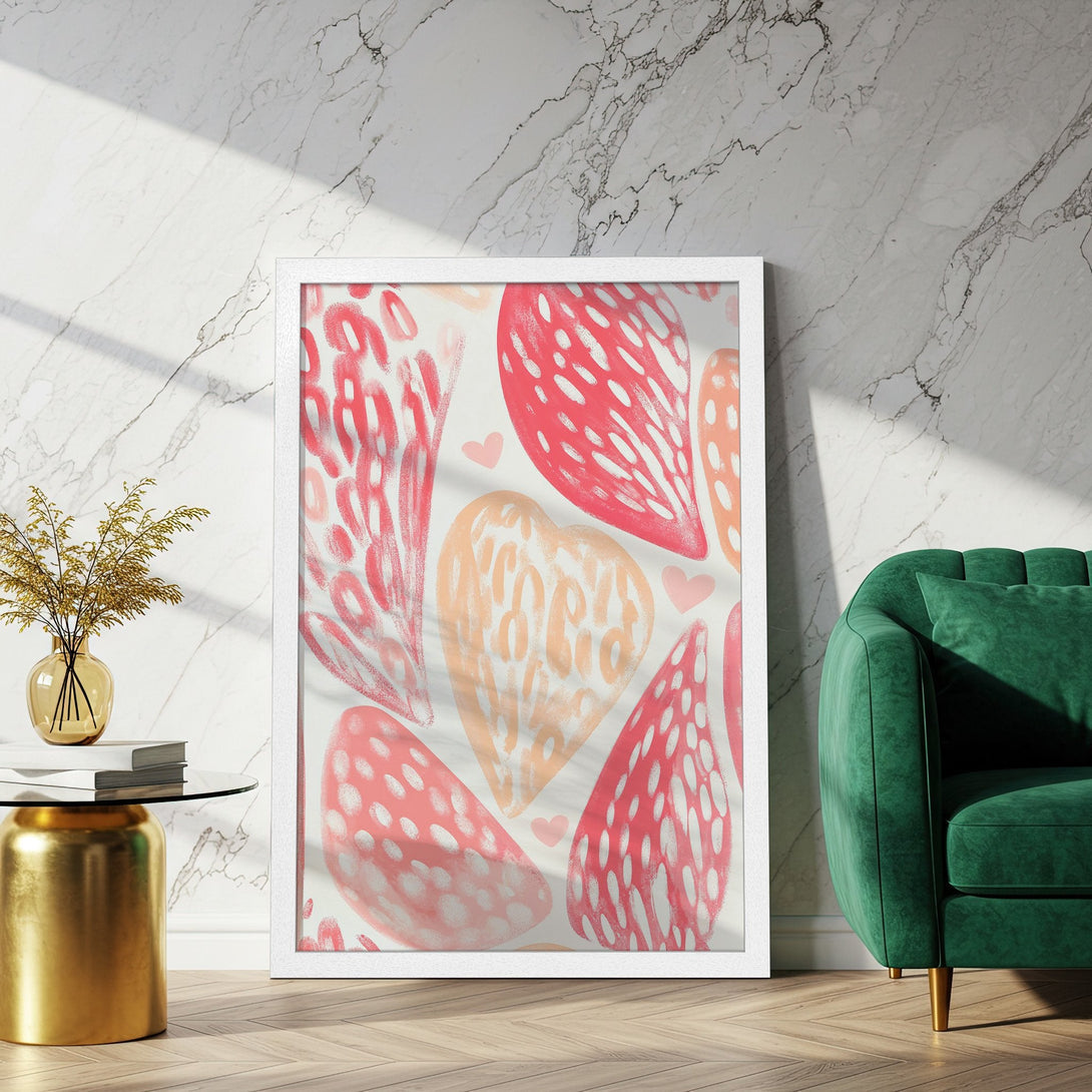 Framed Poster featuring abstract hearts in a watercolor style with a pink and peach color palette. Perfect wall art for any room!