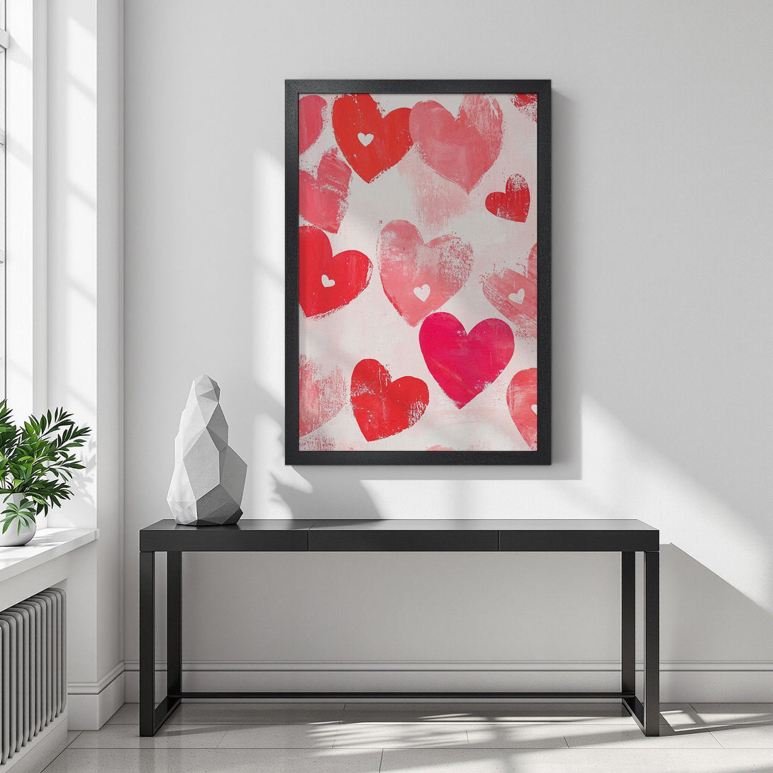 Framed Poster featuring hearts in red and pink hues. Modern art style, perfect for Valentine's Day decor.