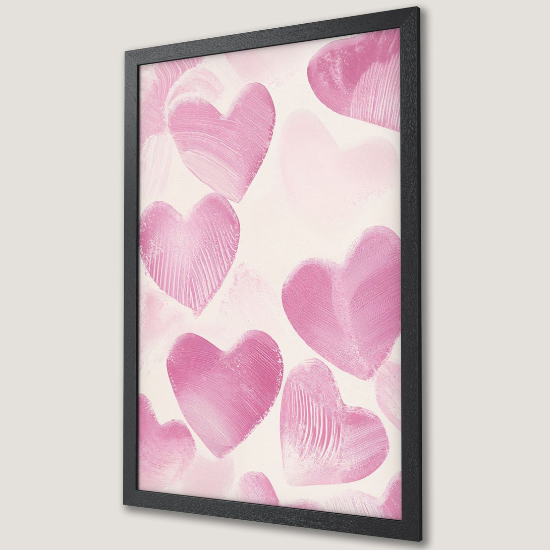 Framed Poster featuring abstract pink heart art. Modern style with a soft, romantic color palette. Perfect for adding love to your space!