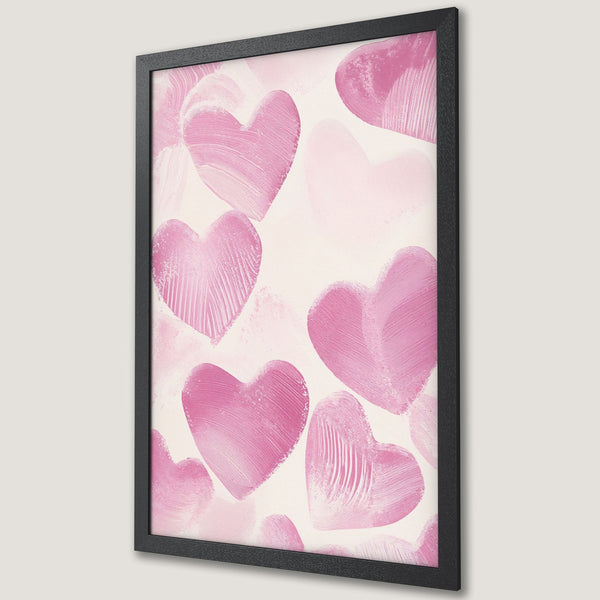 Framed Poster featuring abstract pink heart art. Modern style with a soft, romantic color palette. Perfect for adding love to your space!