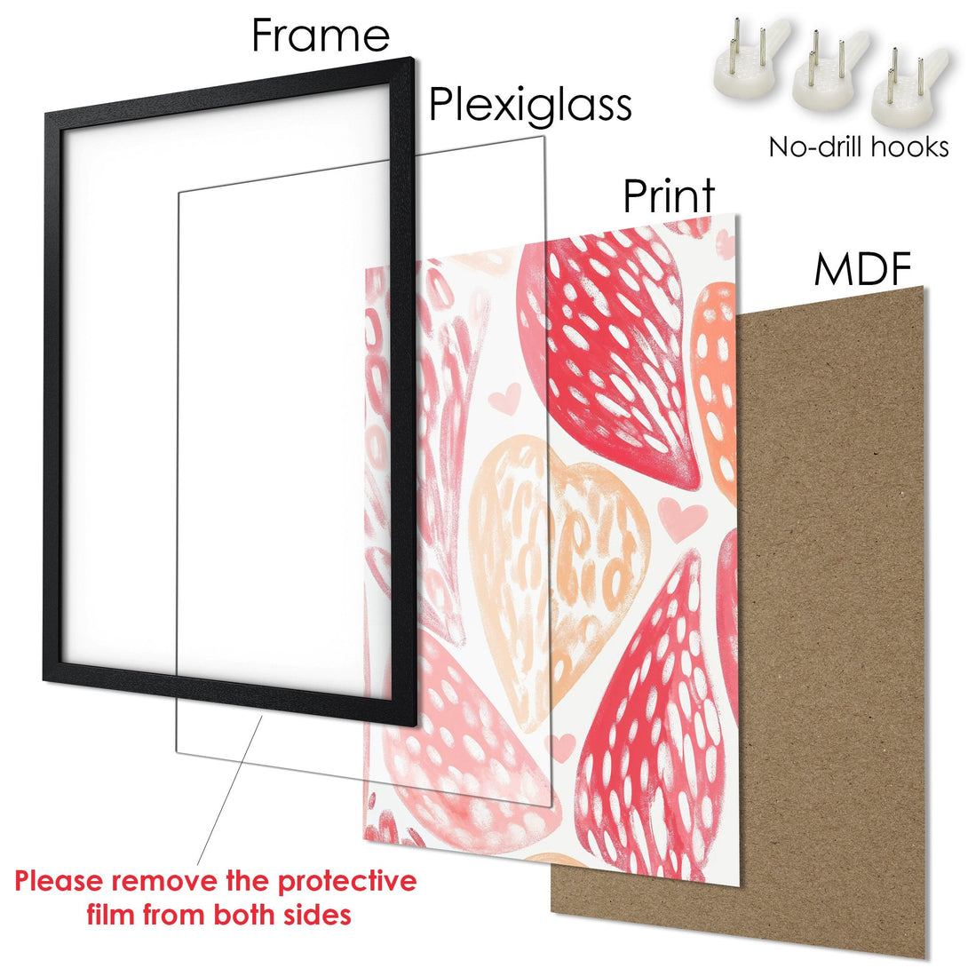 Framed Poster featuring a heart design in red and peach tones. Modern art style, perfect for home decor.
