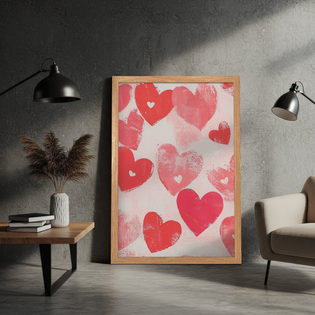 Framed Poster featuring a heart-themed abstract painting in red and pink hues. Perfect wall art for Valentine's Day or adding a touch of love to your home decor.