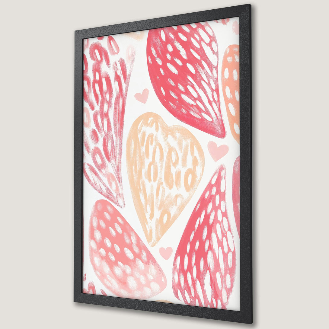 Framed Poster featuring abstract hearts in a playful style. Soft pink, peach, and white color palette. Perfect wall art for any room!