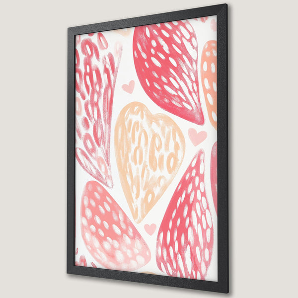 Framed Poster featuring abstract hearts in a playful style. Soft pink, peach, and white color palette. Perfect wall art for any room!