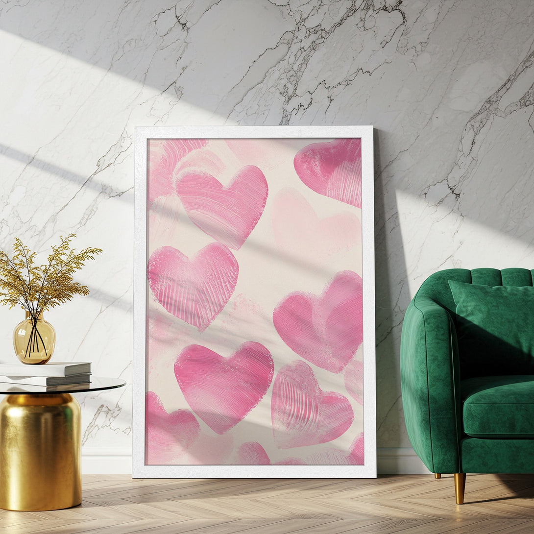 Framed Poster featuring pink heart art. Modern style, soft pink and beige color palette. Perfect wall decor for a romantic touch.