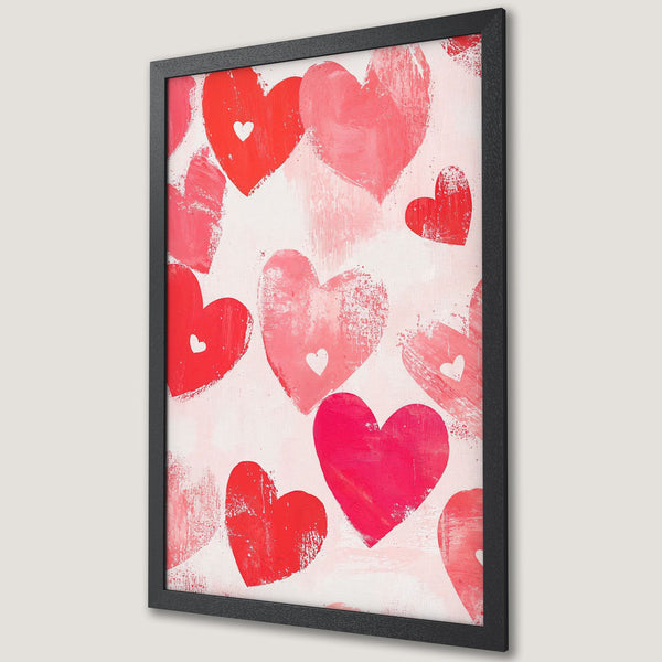 Framed Poster featuring vibrant hearts in red and pink, perfect for adding love and style to your space.
