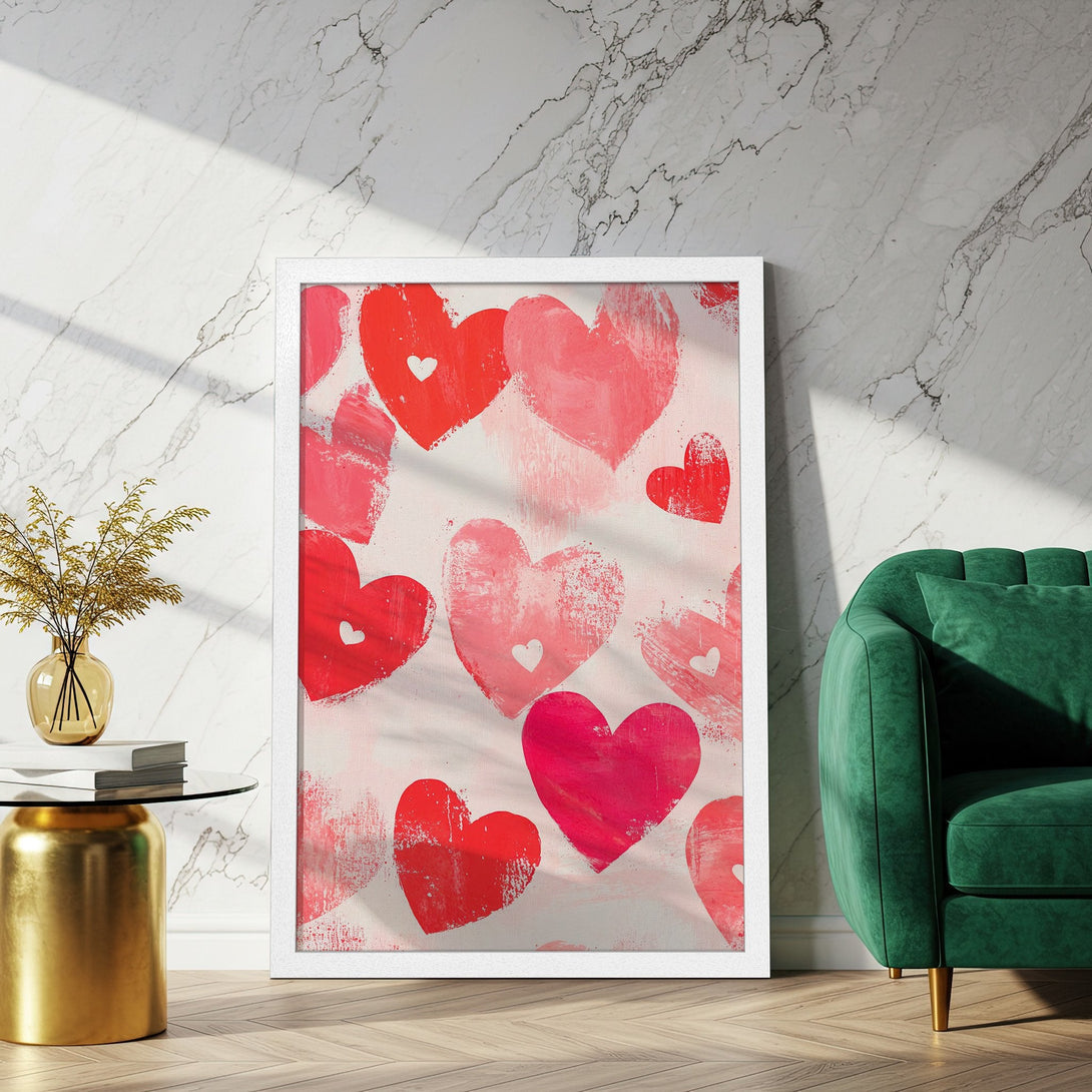 Framed Poster featuring painted hearts. Modern art style with a red and pink color palette, perfect for Valentine's Day decor.