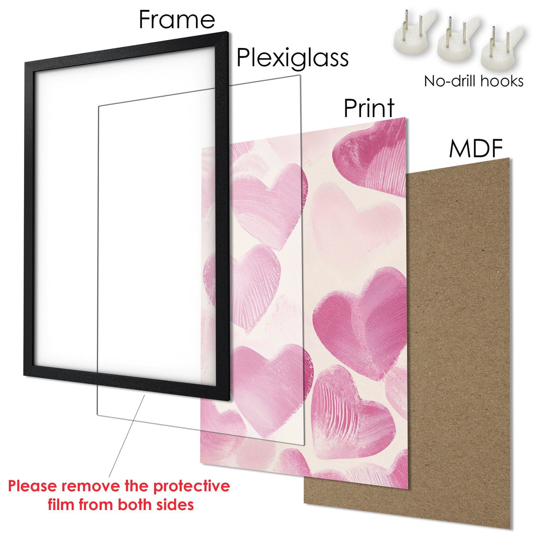 Framed Poster featuring pink heart art. Modern style, neutral color palette. Ready to hang wall art.