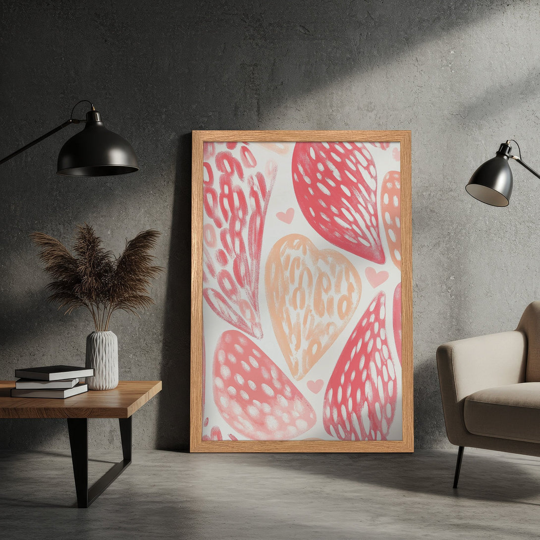 Framed Poster featuring abstract heart art in pink and peach hues. Modern style, perfect for adding a touch of love to any space.