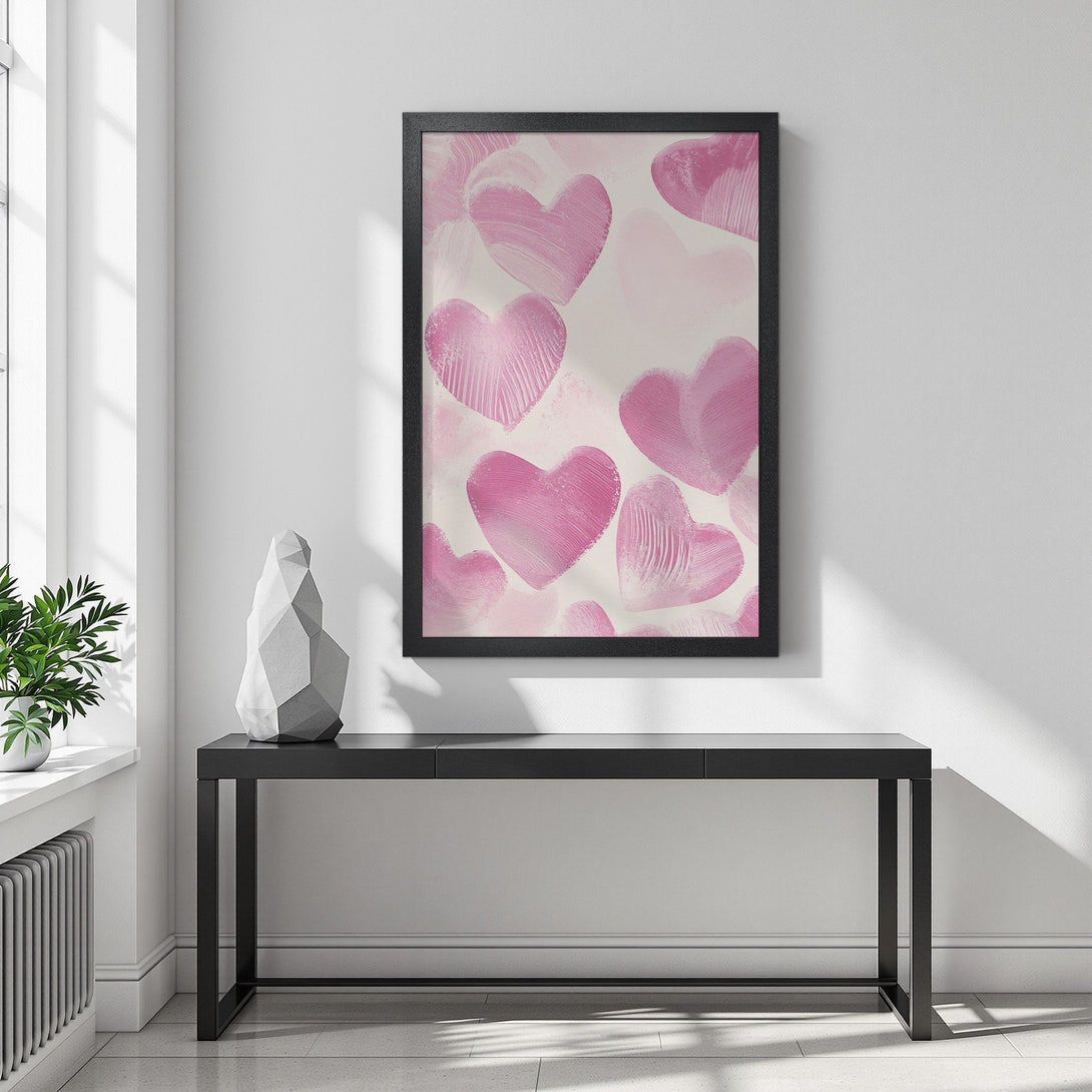 Framed Poster featuring pink heart art. Modern style, soft pink and white color palette. Add love to your space!
