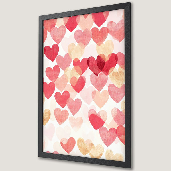 Framed Poster featuring a watercolor heart pattern in shades of red, pink, and gold. Perfect for adding love and warmth to your space.