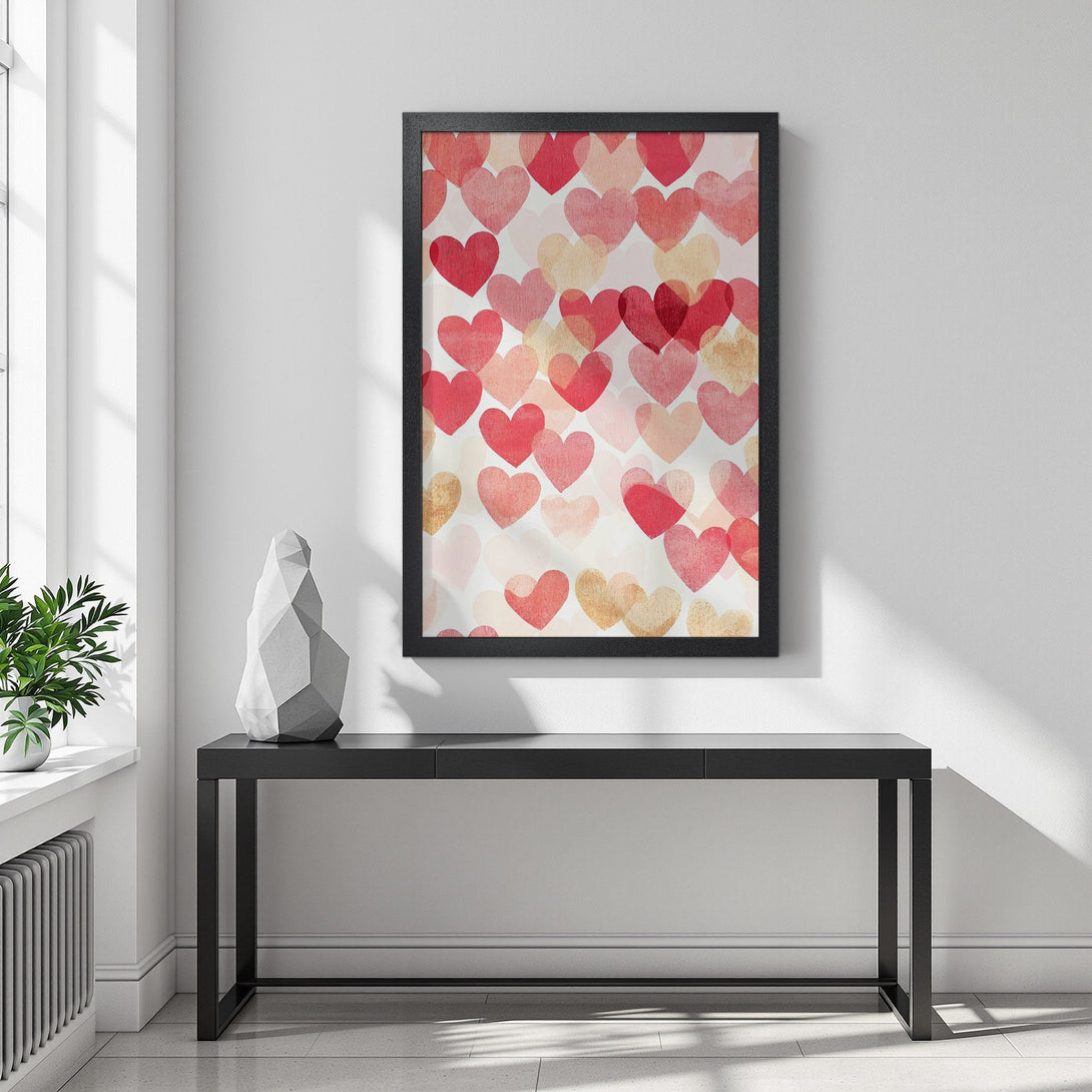 Framed Poster featuring watercolor hearts in red, pink, and gold. Perfect romantic wall art for your home decor.