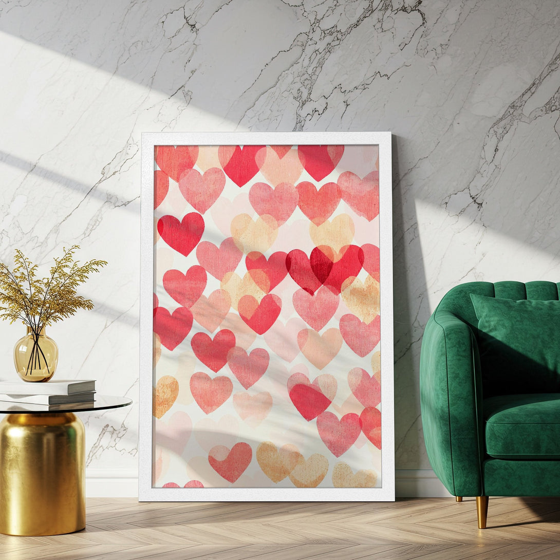 Framed Poster featuring watercolor hearts in red and peach tones, perfect for Valentine's Day decor. Modern art for your home!
