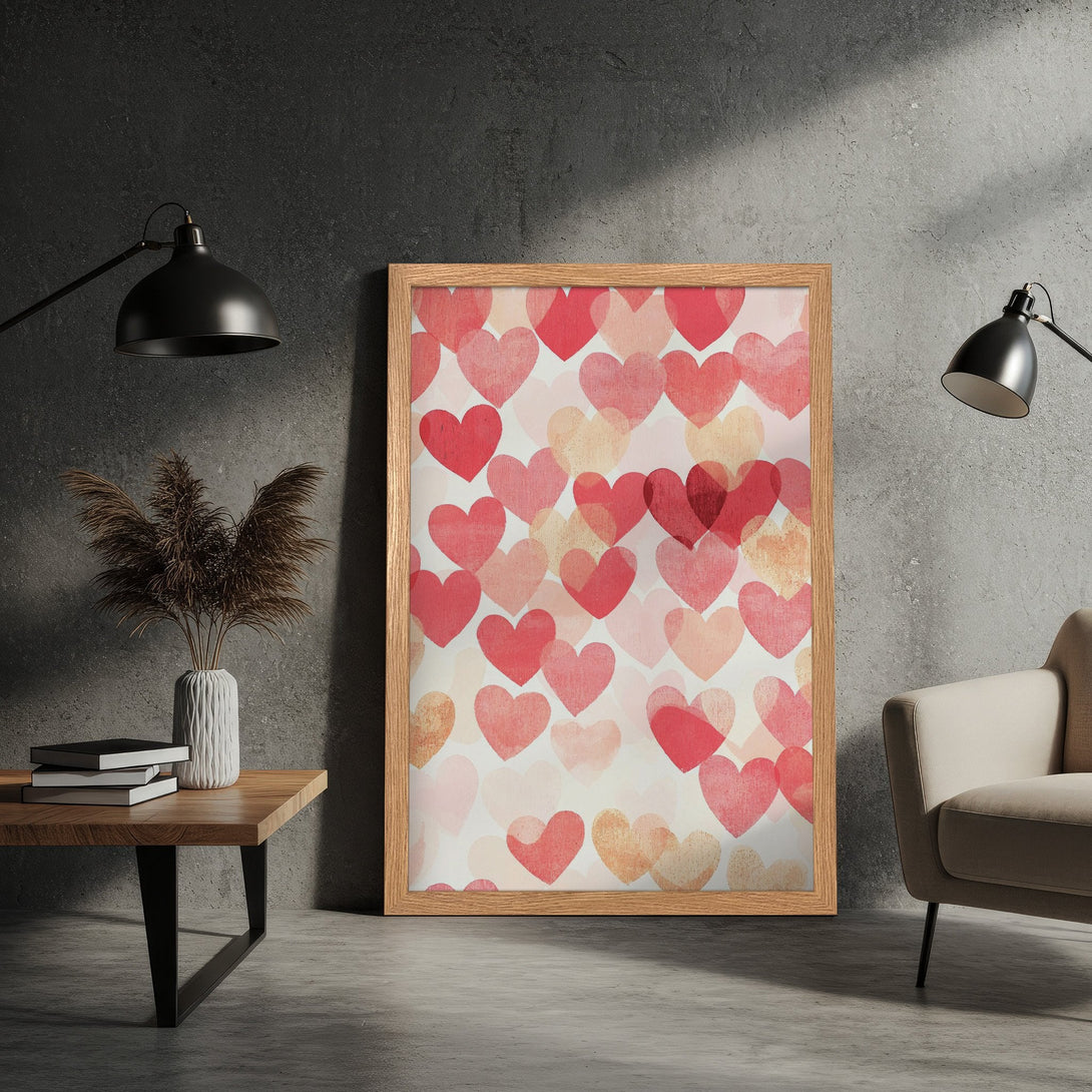 Framed Poster featuring a heart pattern in a watercolor style, with a warm red and pink color palette. Perfect for Valentine's Day!