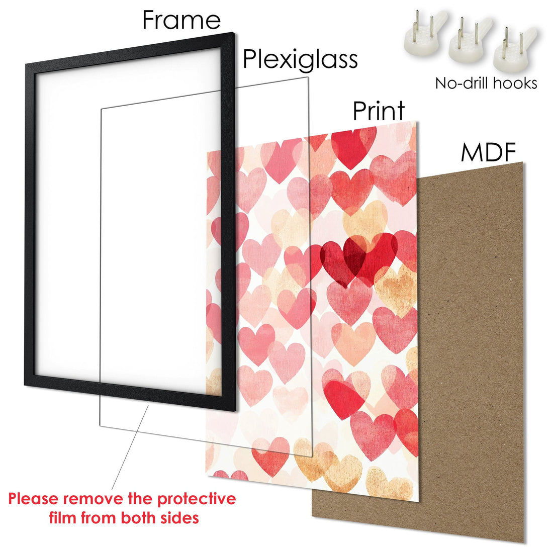Framed Poster featuring a heart pattern in a romantic, watercolor style with a red and pink color palette. Perfect for Valentine's Day!