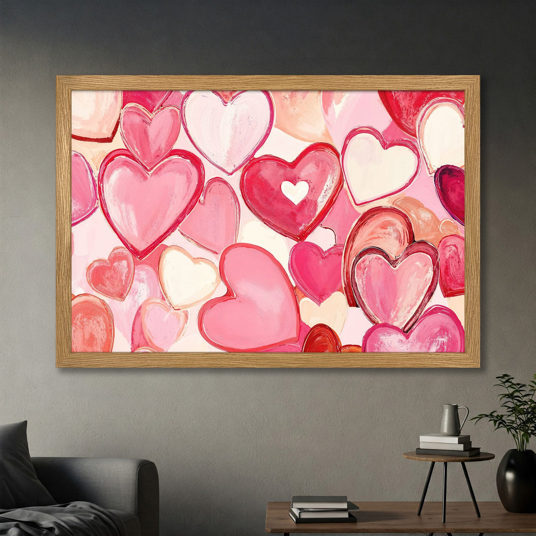 Framed Poster featuring a vibrant, abstract heart design in pink and red hues. Perfect for adding love and warmth to any space.