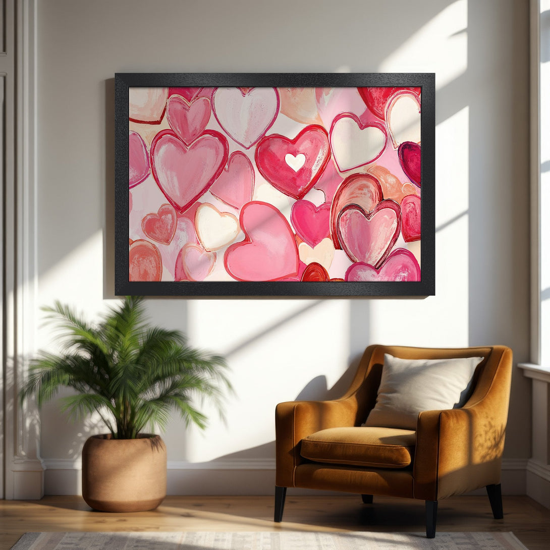 Framed Poster featuring a vibrant heart design in pink and red hues. Modern art style, perfect for adding love to your space!