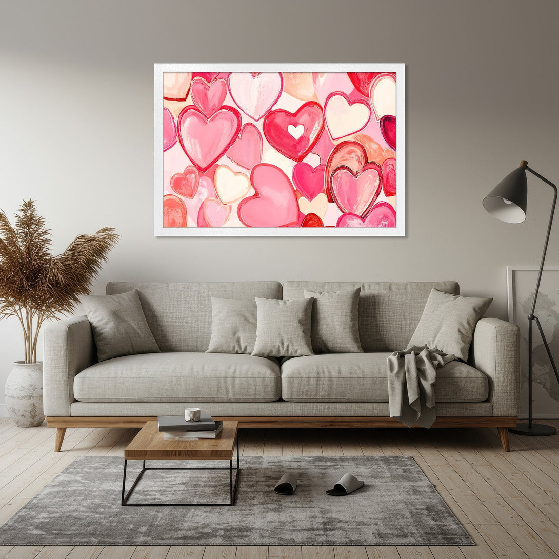 Framed Poster featuring a vibrant heart design in shades of pink and red, perfect for adding love and style to your home decor.