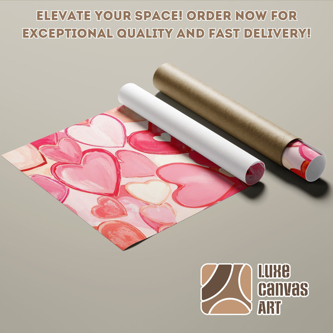 Poster Roll featuring a heart-themed abstract art print in pink and red hues.