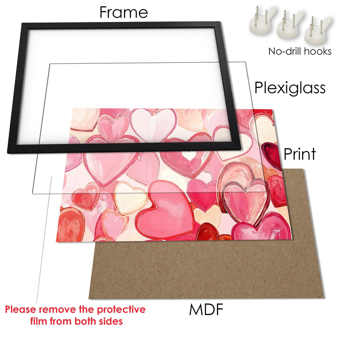 Framed Poster featuring a heart design in a romantic, painterly style. Soft pink and red color palette, perfect for adding love to your space.