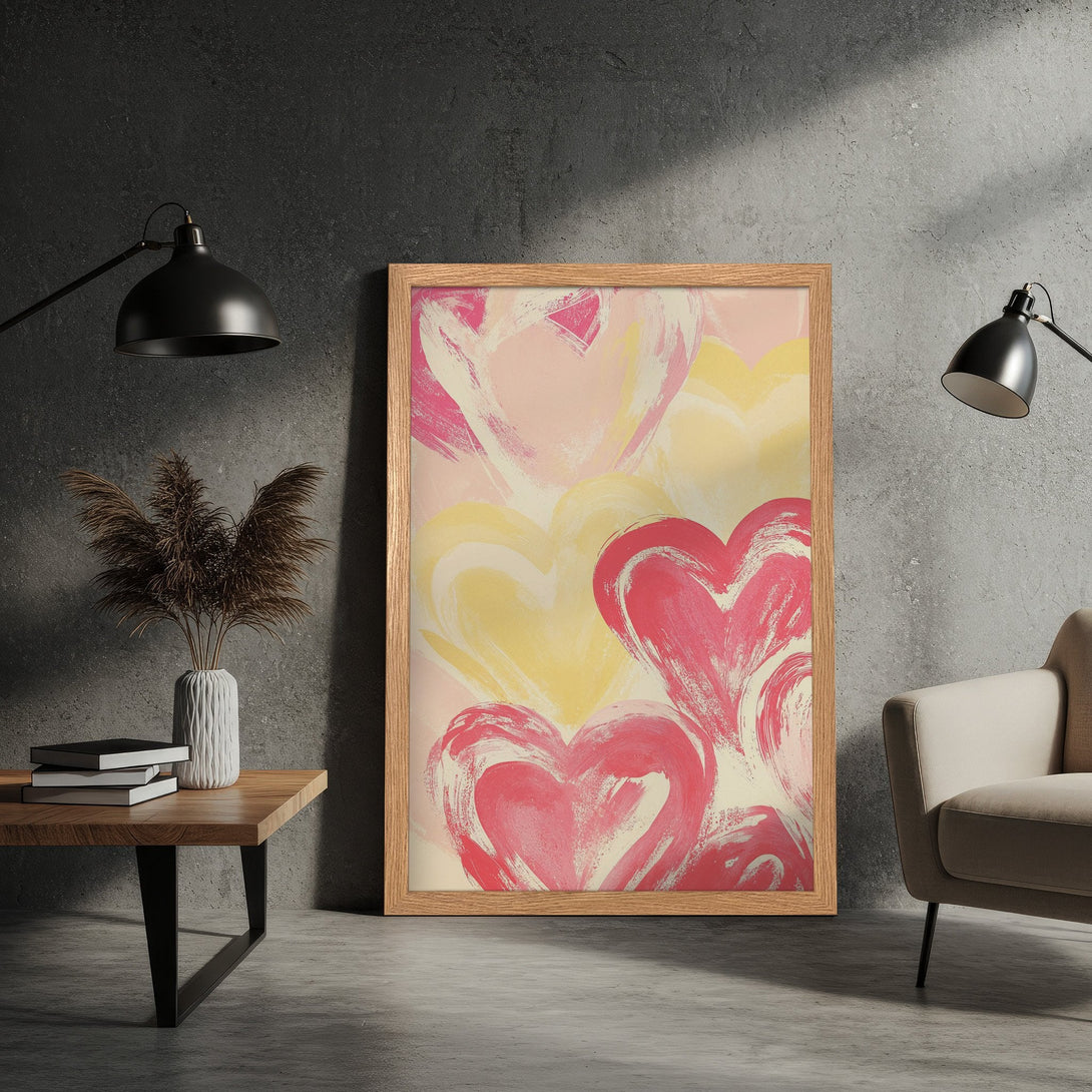 Framed Poster featuring abstract hearts in pink and yellow hues, perfect for modern decor.