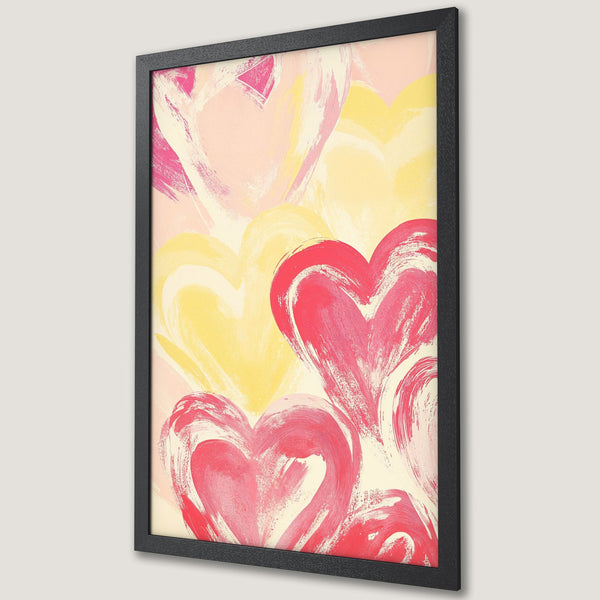 Framed Poster featuring abstract hearts in a brushstroke style with a pink, yellow, and cream color palette. Perfect wall art for any room!