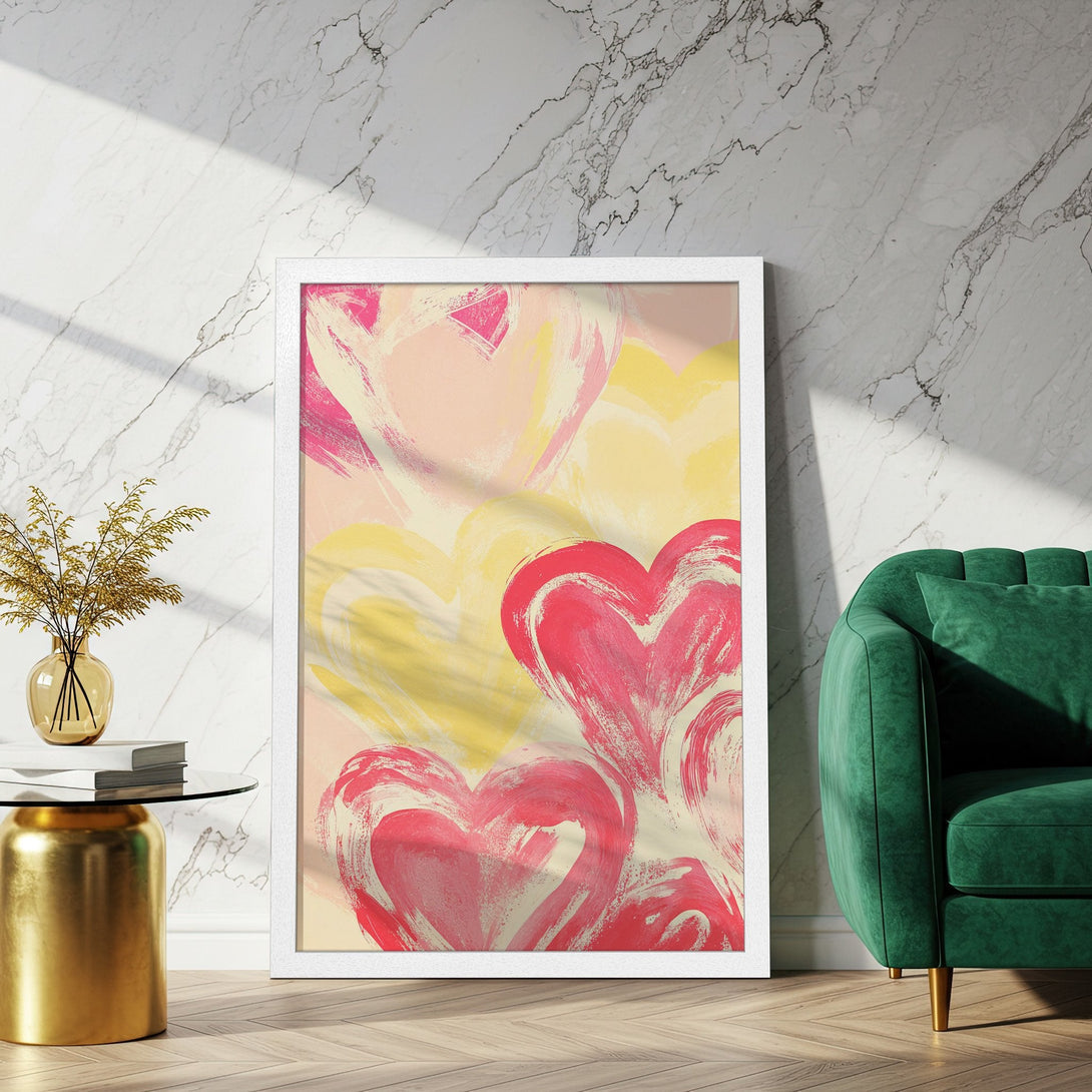Framed Poster featuring abstract hearts in pink, yellow, and peach. Modern art print perfect for adding a touch of love to your home decor.