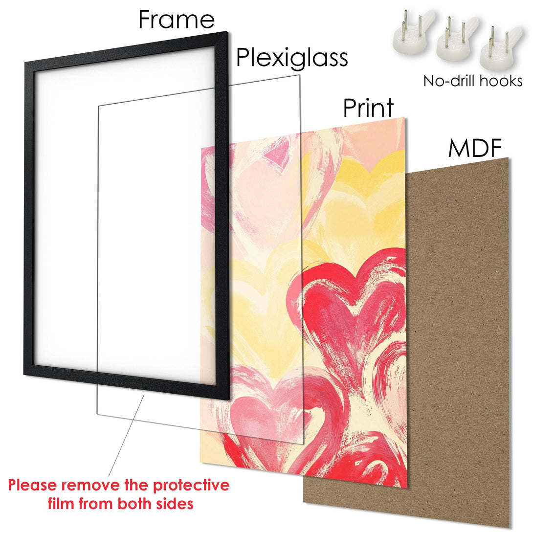 Framed Poster featuring abstract hearts in a vibrant, warm color palette. Perfect art print for your home!