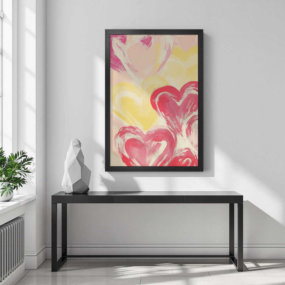 Framed Poster featuring abstract hearts in pinks, reds, and yellows. Modern art style, perfect for adding a pop of color to your space!