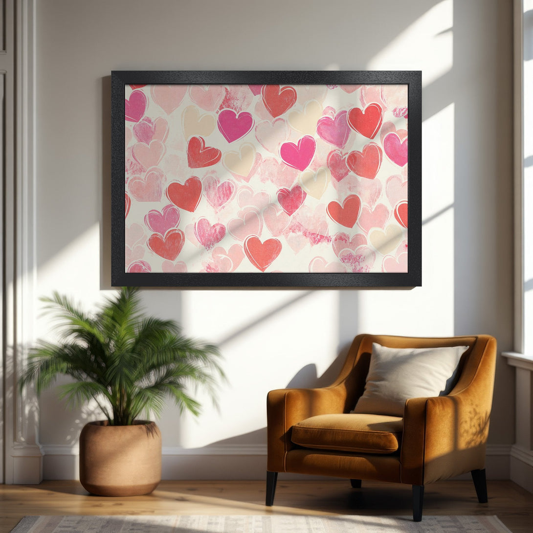 Framed Poster featuring watercolor hearts in pink and red hues, perfect for adding love and warmth to your space.