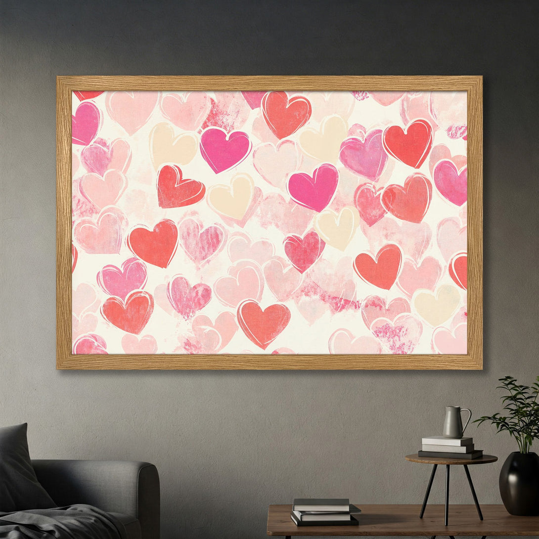 Framed Poster featuring a heart pattern in a watercolor style with a pink and red color palette, perfect wall art for love.