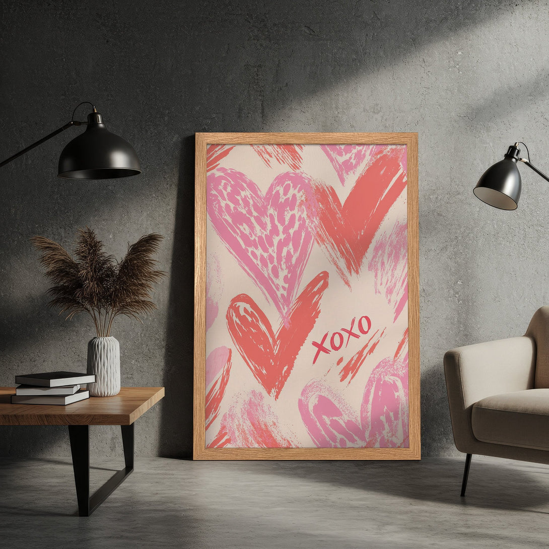 Framed Poster with abstract hearts in pink and red. Modern art style, perfect for Valentine's or everyday love. Add a pop of color!