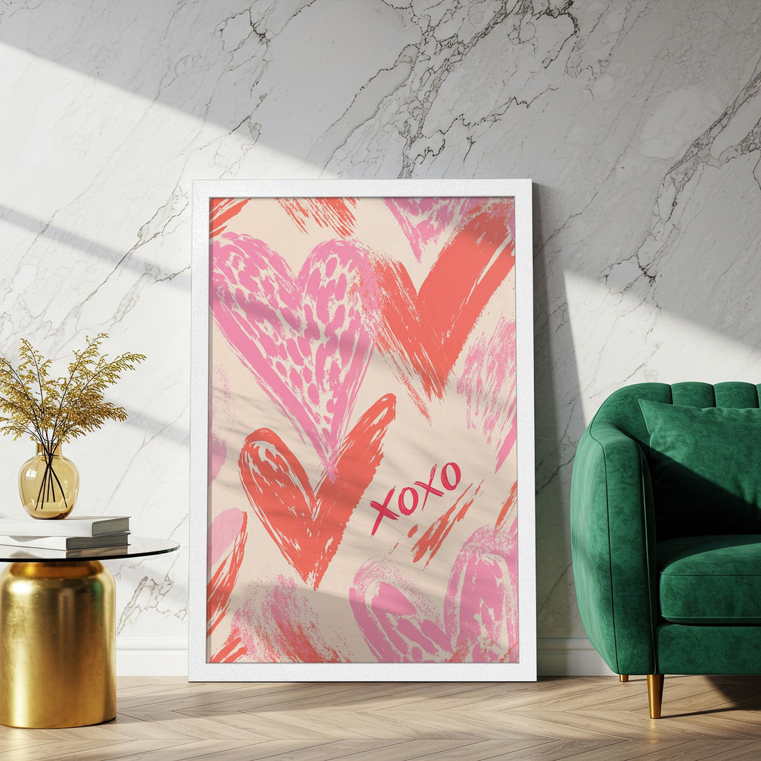 Framed Poster featuring abstract hearts in pink and coral hues. Modern art print perfect for adding love to your home decor.
