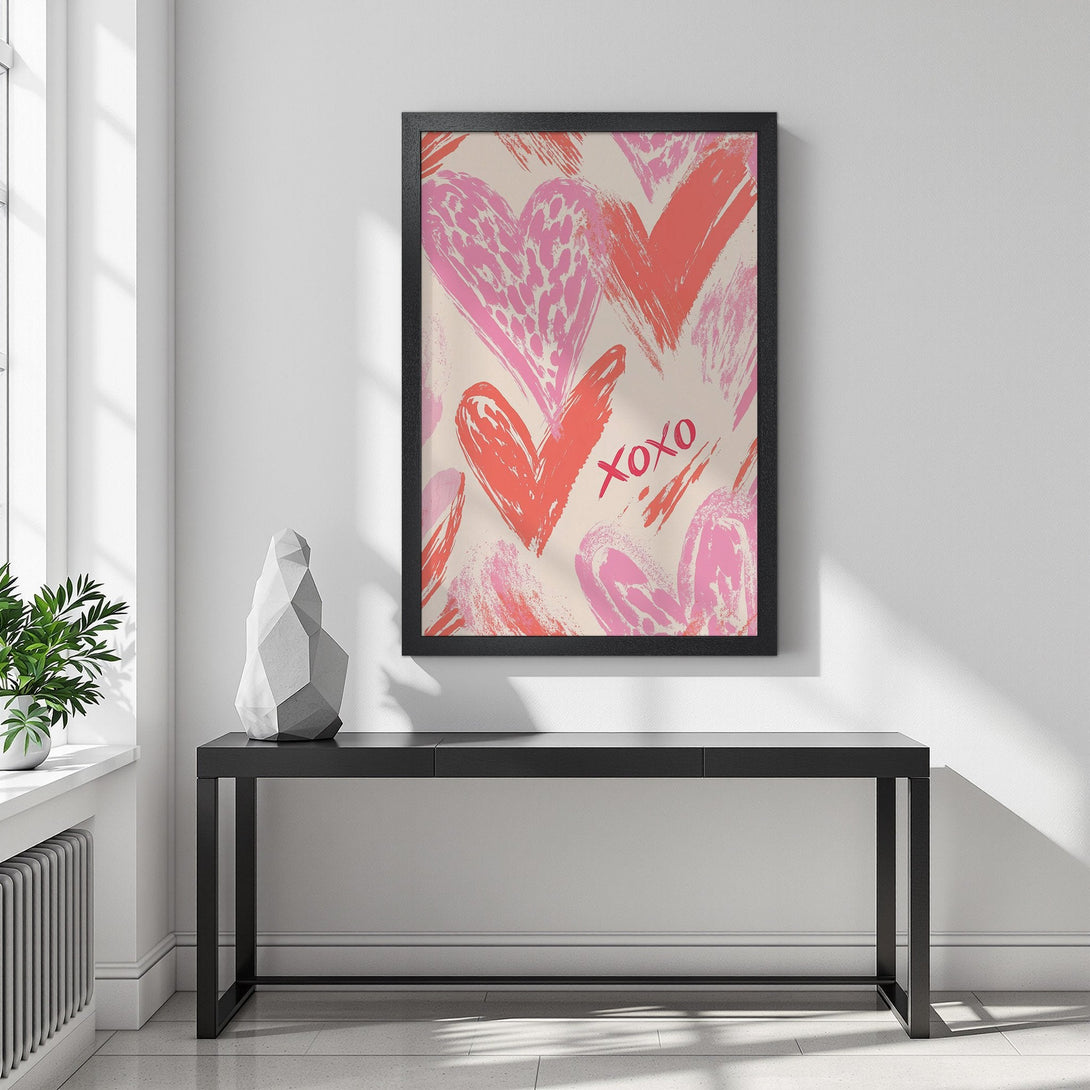 Framed Poster featuring brushstroke hearts in pink and coral hues. Modern art style, perfect for adding love to your space!
