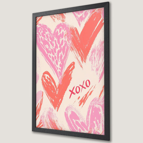 Framed Poster featuring abstract hearts in pink and coral hues. Modern art style with a romantic color palette. Perfect for Valentine's!