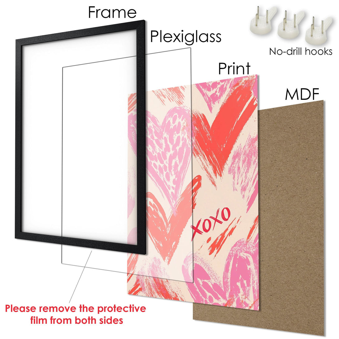 Framed Poster with heart design. Modern style, pink and red color palette. Perfect wall art for your home!